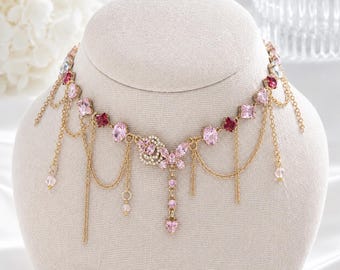 Butterfly Crystal Choker Necklace, Pink Princess Necklace, Fairycore Jewelry, Handmade Statement Choker, Gold Chain Necklace