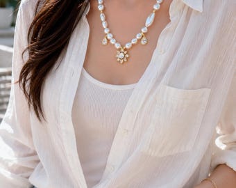2-in-1 Pearl Wrap Necklace Bracelet, Convertible Pearl Jewelry, Handmade Floral Crystal Necklace, Elegant Bridal Jewelry, Gift for Her