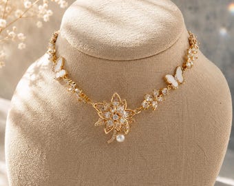 Ivory Butterfly Bloom Necklace | Elegant Floral Crystal Necklace | Pearl & Butterfly Statement Jewelry | Handmade by Spica Studio work