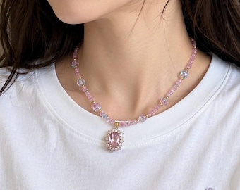 Pink Crystal Princess Choker Necklace – Fairycore Beaded Necklace with Rhinestone Pendant