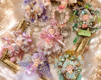 Colección de dijes para bolsos de hadas inspirados en SKULLPANDA / Llavero de cuentas hecho a mano / Dije de fantasía de flor de cristal