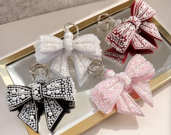Pearl Bow Bag Charm Keychain, Coquette Rhinestone Bow Charm, Cute Girly Purse Accessory, Kawaii Bag Charm, Balletcore Gift for Her