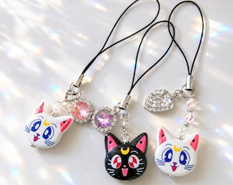 Llavero de Sailor Moon, colgante para celular de Luna y Artemisa, llavero de anime kawaii, correa para celular, accesorio de chica mágica de cristal