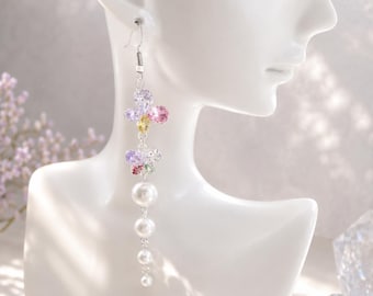 Pastel Butterfly Pearl Earrings | Colorful Crystal Drop Earrings | Cute Handmade Dangle Earrings | Gift for Her
