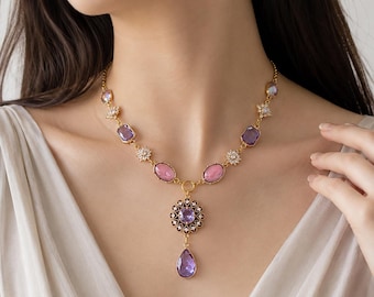 Collar llamativo de cristal morado / Collar de piedra preciosa lavanda / Collar de oro de inspiración vintage / Joyería romántica victoriana