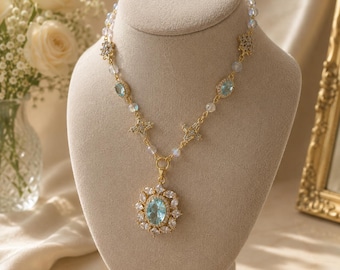 Celestial Blue Crystal Pendant Necklace – Elegant Gold Statement Jewelry