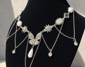 Butterfly Pearl Statement Necklace, Vintage Inspired Silver Chain Necklace, Fairycore Jewelry, Romantic Pearl Drop Necklace, Coquette Gothic
