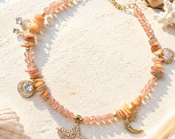Celestial Coral Choker Necklace, Star & Moon Charm Necklace, Handmade Boho Jewelry, Pink Crystal Choker, Cottagecore Fairy Necklace