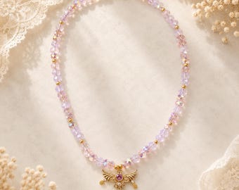 Pink Crystal Choker Necklace - Fairycore Beaded Necklace, Romantic Pastel Jewelry, Coquette Choker