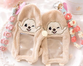 Monchhichi Plush Photo Card Holder with Handmade Flower Wrist Strap | Kawaii Monchhichi Card Holder |