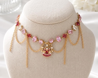 Royal Heart Crystal Choker Necklace, Pink Gem Choker, Princess Inspired Jewelry, Elegant Heart Necklace, Romantic Gift for Her