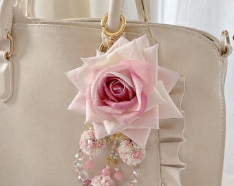 Pastel Rose Keychain Charm, Sparkly Flower Bag Accessory, Fairycore Purse Charm, Pink Floral Charm