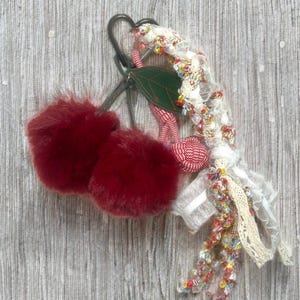 Fluffy Cherry Pom Pom Keychain – Handmade Faux Fur Bag Charm with Lace & Ribbons
