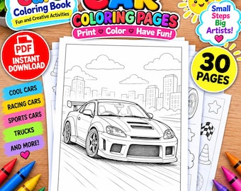 Sportwagen-Malvorlagen | Über 30 Rennwagen und Supercars | Druckbares Auto-Malbuch (PDF) für Erwachsene und Jugendliche