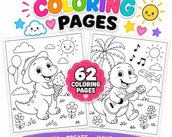 62 Dinosaur Coloring Pages for Kids, Preschool Activity Book (PDF)