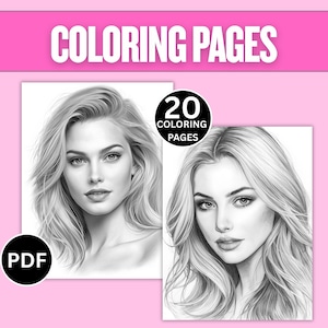 Puede incluir: Dos páginas para colorear en escala de grises con retratos de mujeres con cabello largo y ondulado. Las páginas están etiquetadas como "PDF" y "20 Coloring Pages". El fondo es rosa, con las palabras "COLORING PAGES" en blanco.