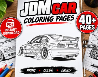 JDM-Auto-Malvorlagen | Über 40 getunte, Drift- und Performance-Autos | Rennwagen-Malbuch | Druckbare PDF-Datei