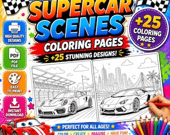 Ausmalbilder von Supercars | 25 realistische Sportwagen | Ausmalbuch zum Ausdrucken (PDF) für Erwachsene und Jugendliche