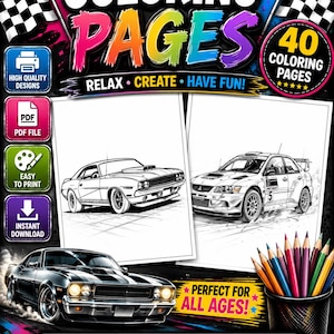 K&ouml;nnte beinhalten: Ein digitales Malbuch-Produkt mit dem Text COLORING PAGES, RELAX CREATE HAVE FUN und 40 COLORING PAGES. Das Bild zeigt zwei schwarz-wei&szlig;e Auto-Strichzeichnungen, ein schwarzes Muscle-Car und einen Becher gef&uuml;llt mit Buntstiften.