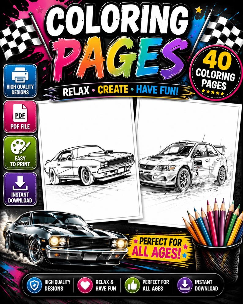 K&ouml;nnte beinhalten: Ein digitales Malbuch-Produkt mit dem Text COLORING PAGES, RELAX CREATE HAVE FUN und 40 COLORING PAGES. Das Bild zeigt zwei schwarz-wei&szlig;e Auto-Strichzeichnungen, ein schwarzes Muscle-Car und einen Becher gef&uuml;llt mit Buntstiften.