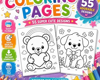 Kawaii Animal Coloring Book, 55 Adorable Designs (Digital Download)