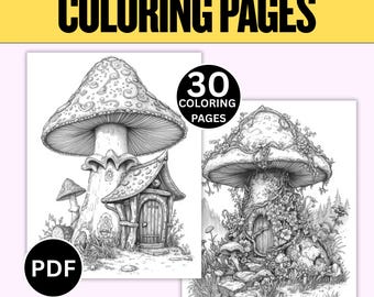 Mushroom House Coloring Pages, 30 Fantasy Art Printables (PDF)