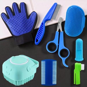 8-Piece Pet Grooming Set: Flea Comb, Nail Clippers, Shampoo Brush