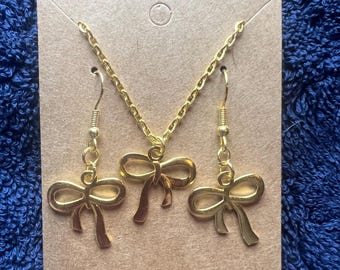 Bow Jewelry Set – Handmade Gold Necklace & Earrings – Feminine Ribbon Jewelry