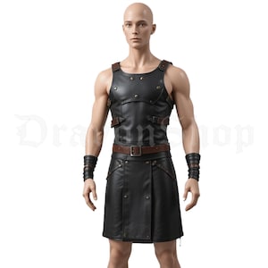 men’s Leather Gladiator Kilt and Chest Harness | Roman Warrior Costume for LARP & Cosplay | Medieval Steampunk Festival Outfit