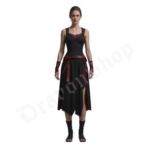 Women&#39;s Gothic Warrior Dress | Medieval Cosplay Outfit with Leather Belt and Arm Wraps | Black & Red Fantasy LARP Costume | DravonShop