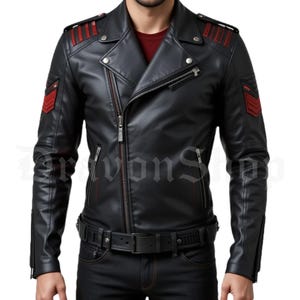 Embroidered Black Leather Biker Jacket: Gothic Military Moto Coat