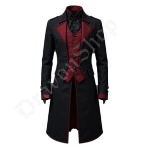 Gothic Tailcoat with Red Waistcoat: Victorian Steampunk Cosplay Jacket