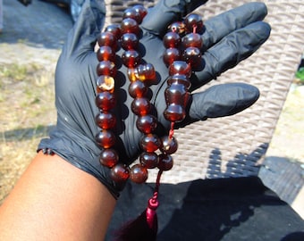 Tasbih Prayer Beads: 68gr Indonesian Cherry Red Amber, 33+2 Beads, 14mm, Healing Properties