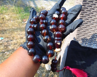 Big Tasbih Prayer Beads: 146gr Indonesian Cherry Red Amber, 33+2 Beads, 20mm, Healing Properties
