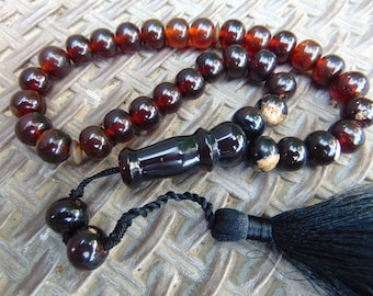 Tasbih Prayer Beads: 44gr Indonesian Dark Red Amber, 33+2 Beads, 16mm, Healing Properties