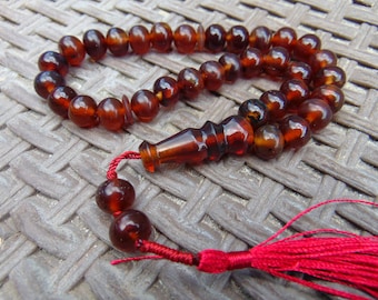 Tasbih Prayer Beads: 28gr Indonesian Crystal Red Amber, 33+2 Beads, 10mm, Healing Properties