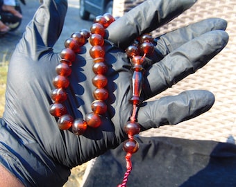 Rosario Tasbih: 27 g de ámbar rojo indonesio, 33+2 cuentas, 10 mm, propiedades curativas.