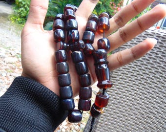 Rosario Tasbih Komboloi de 87 g, 33+2 cuentas de 15 x 15 mm, ámbar rojo cereza indonesio.