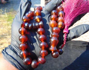 Tasbih Prayer Beads: 67gr Indonesian Cherry Red Amber, 33+2 Beads, 14mm, Healing Properties