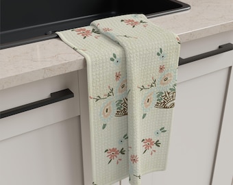 Vintage Floral Basket Tea Towel, Cottagecore Kitchen Decor, Cream Background