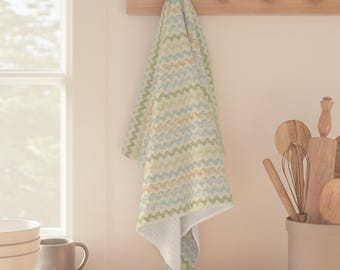 Pastel Multicolor Zigzag Stripe Microfiber Tea Towel | Chevron Pattern Kitchen Towel | Retro Rick Rack