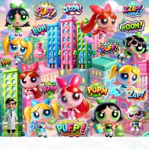 May include: A vibrant image featuring multiple Powerpuff Girls figurines and cityscape elements. The characters are in various poses, with speech bubbles displaying words like "PUFF!" and "BOOM!". The color palette includes pink, blue, green, and yellow.