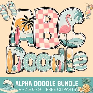 Sommarstrandalfabetet PNG tropiska ABC-bokstäver Doodle Clipart-paket digital nedladdning