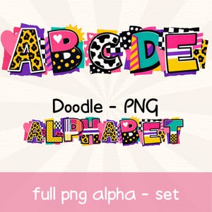 Peut inclure: Alphabet coloré de style doodle, avec les lettres A, B, C, D et E, ornées de motifs variés, tels que l'imprimé léopard et les pois. L'image contient également les mots "Doodle - PNG", "ALPHABET" et "full png alpha - set".