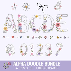 May include: A digital illustration of floral alphabet letters and numbers. The letters A, B, C, D, and E are decorated with colorful flowers. The numbers 0, 1, 2, and 3, along with the @ symbol and a question mark, are also adorned with flowers. The words "ALPHA DOODLE BUNDLE" are at the bottom.