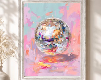 Pink Retro Disco Ball Wall Art (Digital Download) – Abstract Swirls Painting