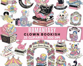 Romantasy Clowncore Bookish Clipart PNG, Circus Reader Clipart, Gothic Cute Clown, Halloween Clipart
