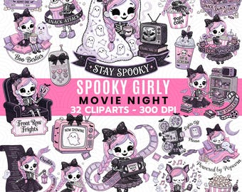 Spooky Girly Movie Night Clipart PNG, Halloween Movie Night , Halloween Gothic PNG Bundle
