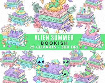 Alien Summer Bookish Clipart Bundle PNG, Sci Fi Reader Clipart, Cute Alien PNG, Space Book Club Sublimation, Summerween PNG