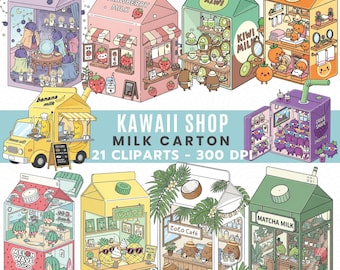 Clipart Kawaii Milk Carton Shop : Pastel Cafe PNG Illustrations (téléchargement numérique)